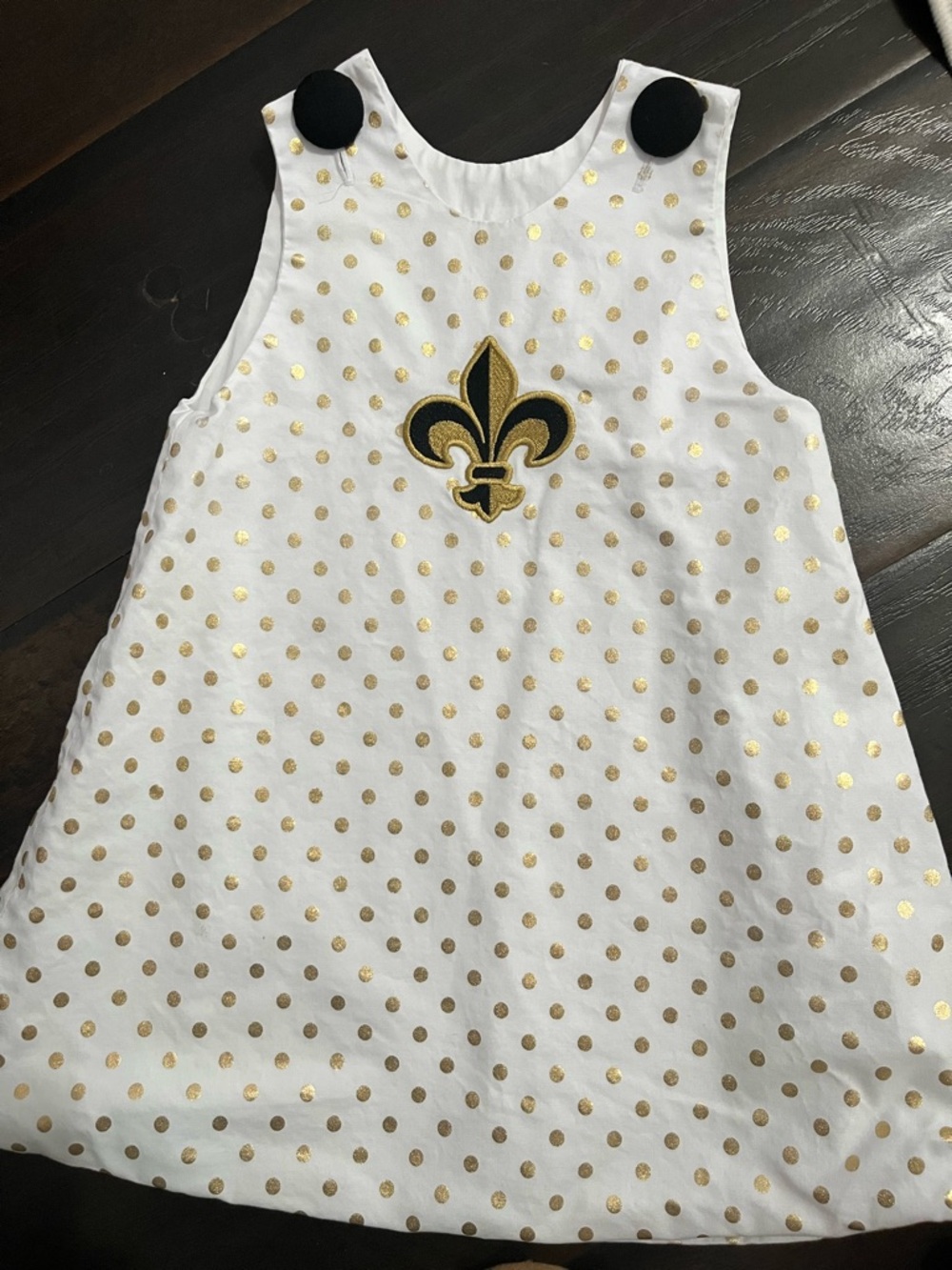 White Dress with Gold Polka Dots and Fleur-de-lis. New Orleans Saints logo.